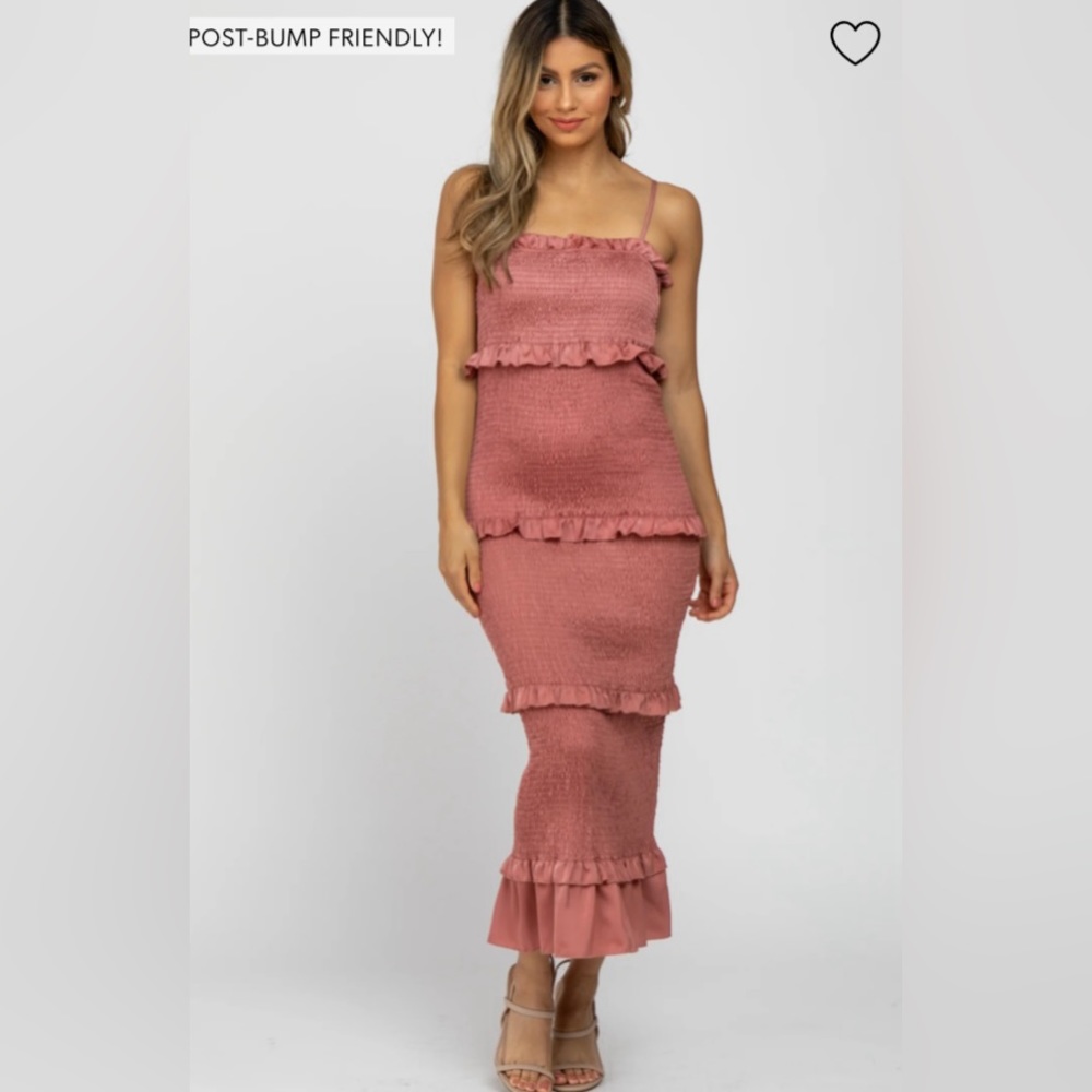 Smocked Ruffle Midi Dress in Dusty Rose